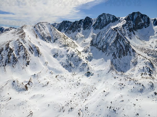 Extensive snow-covered mountain landscape with striking peaks, landscape near El Pas de la Casa, Encamp, Andorra, Pyrenees, Europe