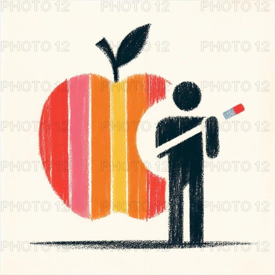 Colorful artistic representation of a human figure observing an apple, AI generated