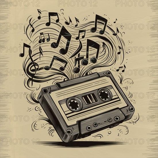 Stylized drawing of a retro cassette with music notes swirling around it, AI generated