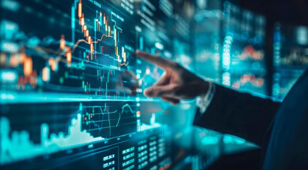 A man is pointing at a graph on a transparent screen showing market and economy trends, AI generated