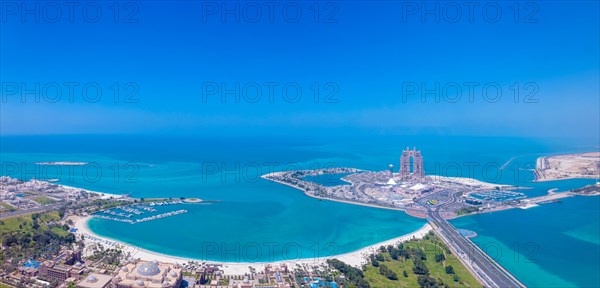 UAE, United Arab Emirates, Abu Dhabi waterfront downtown marina and coastal panorama and skyline, Asia