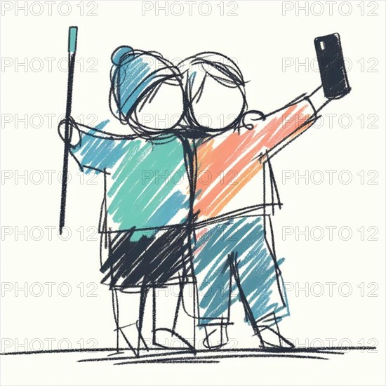 Two stick figure children taking a selfie together with a blue and orange theme, AI generated