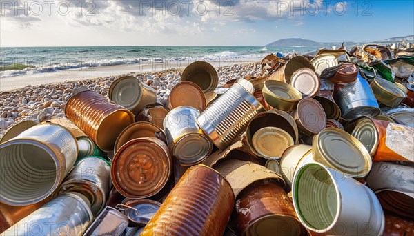 Symbol photo, many empty tin cans, partly crushed, rusty, dirty, lying on the beach, waste, AI generated, AI generated