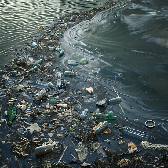 Polluted water with numerous floating plastic bottles, environmental pollution, environmental protection, AI generated