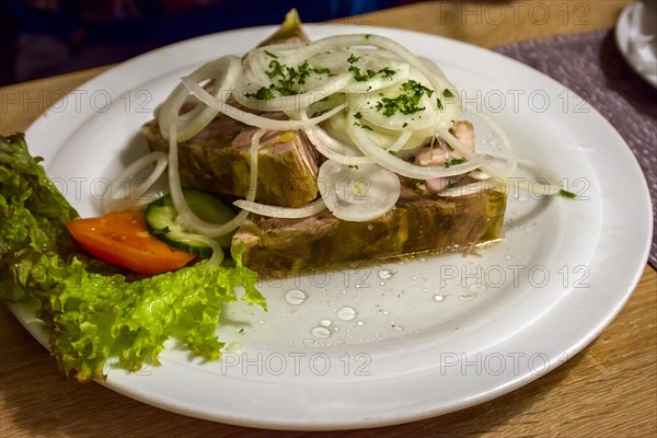 Pork brawn with Common onions, served in a pub, Franconia, Bavaria, Germany, Europe