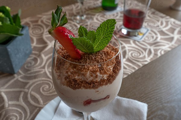 Vanilla ice cream with chocolate sprinkles in a glass, Bavaria, Germany, Europe