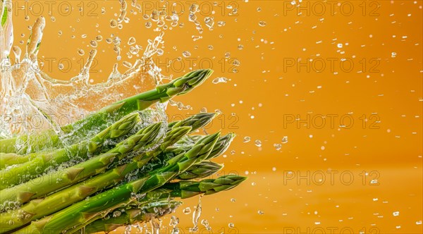A bunch of fresh asparagus are falling into a pool of water. Concept of organic and healthy diet, AI generated