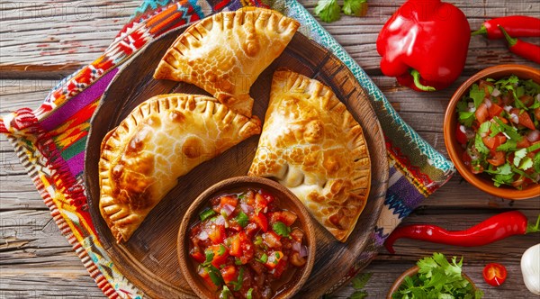 Tasty empanadas on a plate with colorful Mexican cloths as a background. National mexican food, AI generated