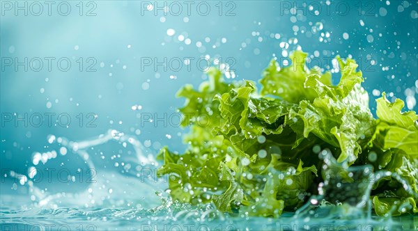 Fresh bunch of romaine lettuce floating in water. A concept of vegetarian lifestyle and vegetarian diet, AI generated