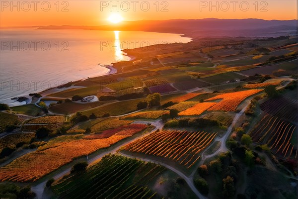 AI generated aerial view of a coastal vineyard with ocean in the background in ambient light