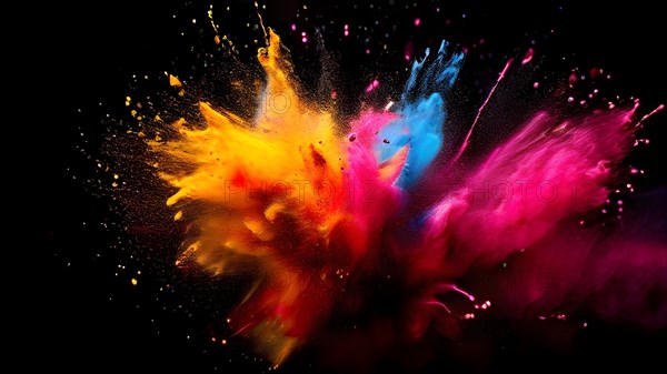 Rainbow-colored holi powder explosively dispersing against a black background, AI generated