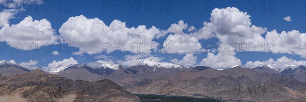 Panorama from Spituk Monastery across the Indus Valley to the Indian Himalayas, Ladakh, Jammu and Kashmir, India, Asia