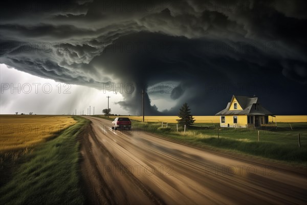 Disaster catastrophe storm concept, tornado in a field in the USA with wooden house and car on road under stormy dark sky, AI generated