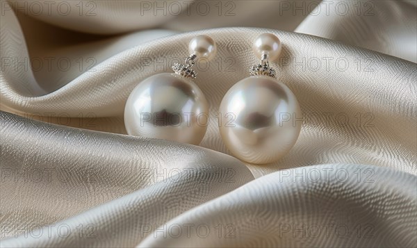 Pair of pearl drop earrings delicately arranged on a smooth satin material background AI generated