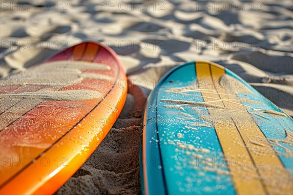 Two surfboards lying on beach. KI generiert, generiert, AI generated