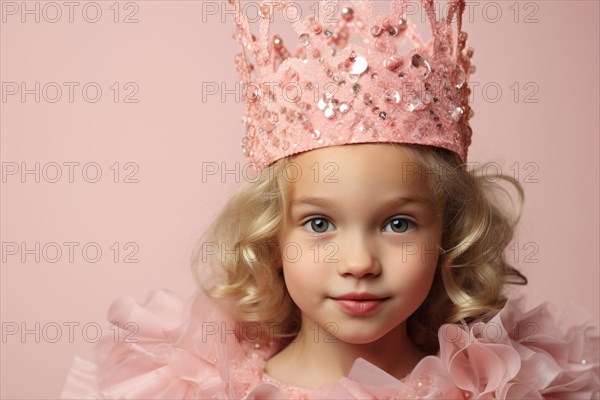 Portrait of cute young girl wearing pink carnival or Halloween princess costume with crown. KI generiert, generiert, AI generated