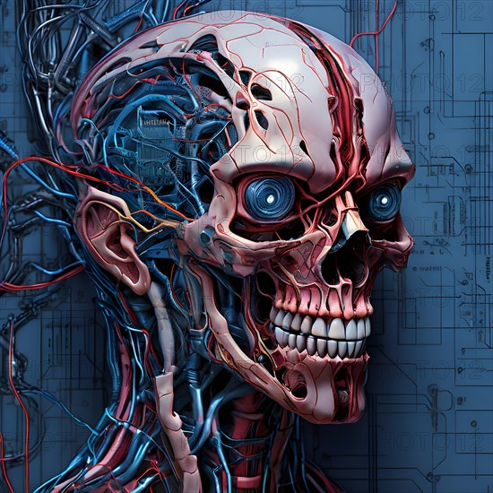 AI generated cybernetic organism merging detailed anatomy sketches with digital circuitry and robotic parts