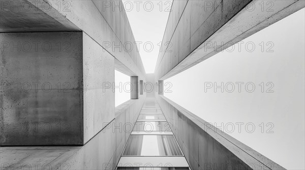 Greyscale image showing a symmetrical perspective of a building converging at a vanishing point, AI generated