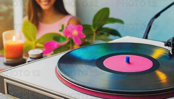 A turntable with a spinning vinyl record in a cozy indoor setting with a smiling woman in the blurry background, AI generated