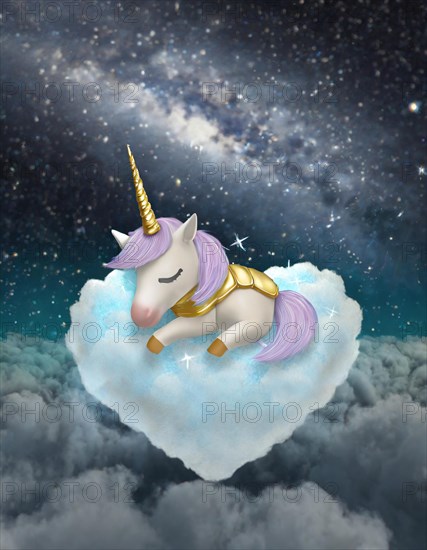 Illustration of a magical unicorn peacefully resting on a fluffy cloud against a cosmic starry backdrop, AI generated