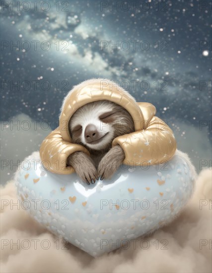 Illustration of a cute sloth napping peacefully on a heart-patterned cloud, surrounded by stars, AI generated