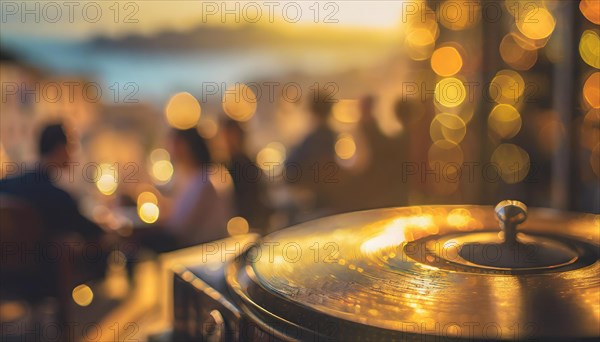 Friends enjoy drinks vinyl record playing together in cozy setting at sunset, bokeh effect ai generated, AI generated