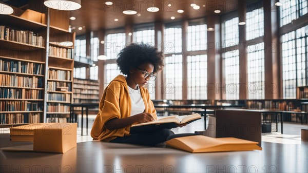 Concentrated girl surrounded by books studying in a well-lit library, AI generated