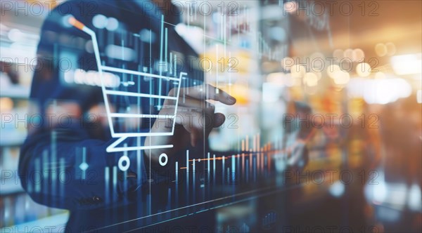 A man is pointing at a graph on a transparent screen showing market and economy trends, AI generated