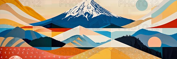 A tranquil scene with the majestic Mount Fuji in the distance, surrounded by geometric patterns and abstract shapes inspired by Japanese cultural symbols, expressing a harmonious interplay of nature and human creativity, Japan, AI generated, AI generated, Asia