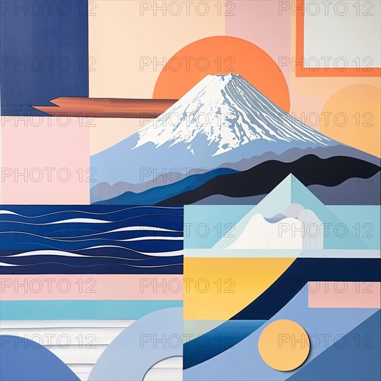 Minimalist design with Mount Fuji, ocean waves and sun in pastel colours, Japan, AI generated, AI generated, Asia