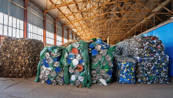 Symbol photo, many empty tin cans, pressed and bundled into bales in a recycling plant, AI generated, AI generated