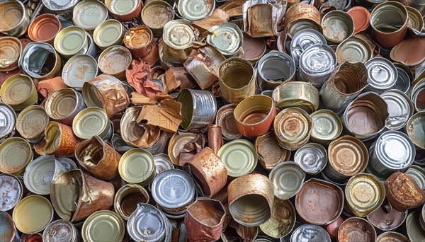 Symbol photo, many empty tin cans, partly crushed, rusty, dirty, lying in the landscape, AI generated, AI generated