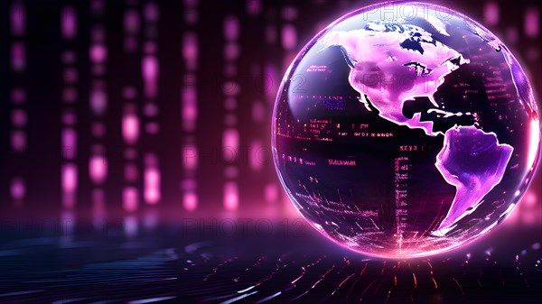 AI generated magenta earth globe in binary code cascading in sequence in the background
