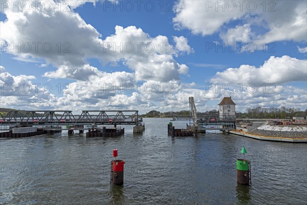 Construction site, bascule bridge, buoys, buoys, red, green, clouds, Lindaunis, Schlei, Schleswig-Holstein, Germany, Europe