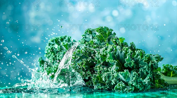 Fresh bunch of green kale floating in water. A concept of vegetarian lifestyle and vegetarian diet, AI generated