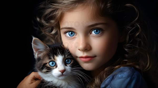 AI generated portrait of a young girl with cute little cat