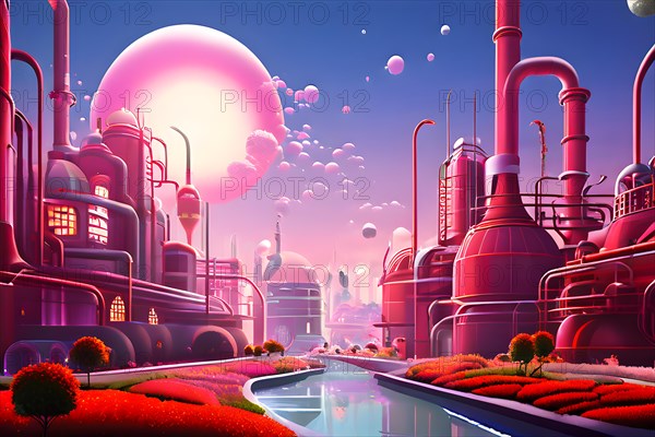 AI generated industrial futuristic landscape merging with ecopunk aesthetics in pink colors