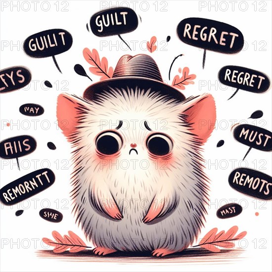 Whimsical illustration of a cute, wide-eyed cat surrounded by thought bubbles containing the words guilt and regret, conveying complex emotions in a charming and endearing way, AI generated