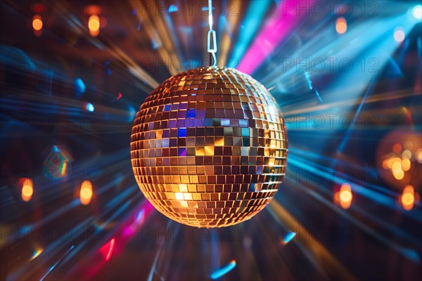 A disco ball is suspended from the ceiling at party in nightclub, reflecting the lights and creating a festive atmosphere, AI generated