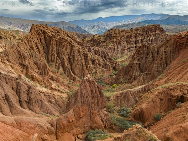 Badlands, canyon with eroded red sandstone rocks, Konorchek Canyon, Boom Gorge, aerial view, Kyrgyzstan, Asia