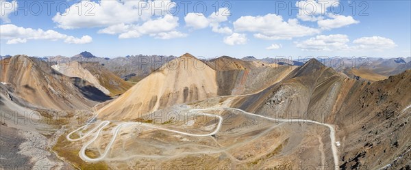 Aerial view, road with serpentines, mountain pass in the Tien Shan, Chong Ashuu Pass, Kyrgyzstan, Issyk Kul, Kyrgyzstan, Asia