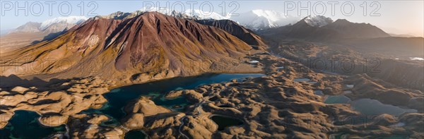 Aerial view, high mountain landscape with glacial moraines and mountain lakes, behind Pik Lenin, Trans Alay Mountains, Pamir Mountains, Osher Province, Kyrgyzstan, Asia