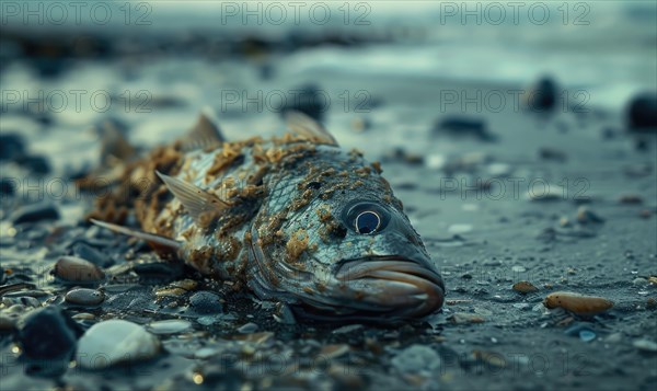 Dead fish washed ashore on a polluted beach, environment and ecological problems AI generated