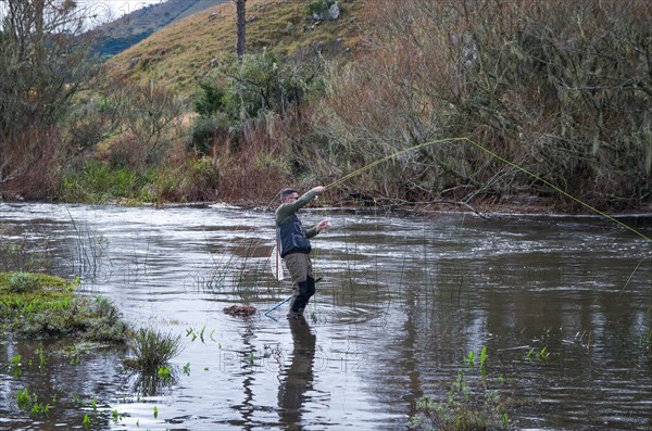 Fisherman fly fishing rainbow trout on mountain in beautiful scenery