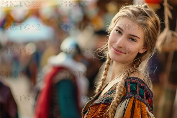 Young woman in medieval style fantasy role playing game costume garment at renaissance fair. KI generiert, generiert, AI generated