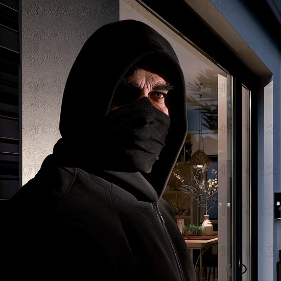Close-up of a burglar with covered face at night in front of a window, burglary, burglar, burglary, AI generated