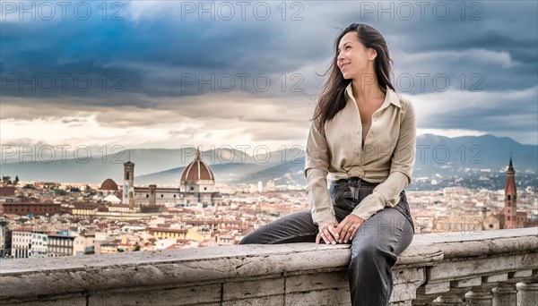Woman sitting relaxed overlooking the historic cityscape of Florence under a cloudy sky, AI generated
