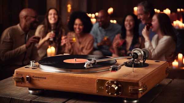Wooden vintage record player playing a vinyl disk at a cozy social gathering, AI generated