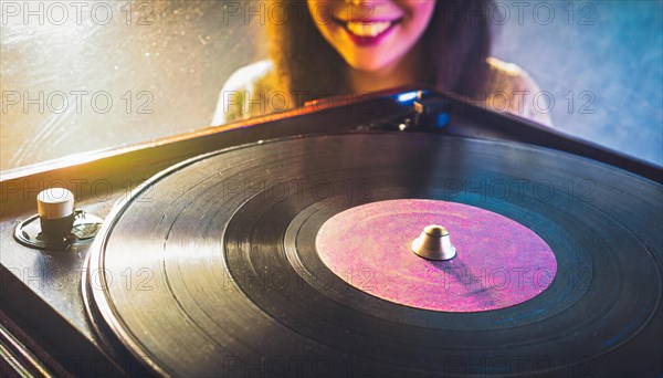 Stylish young lady with headphones chooses a track on a vintage record player in front of a colorful backdrop ai generated, AI generated