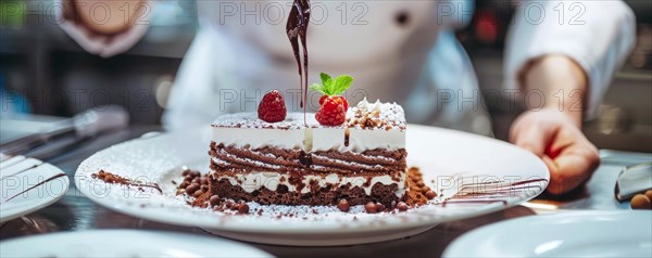 Chef is decorating a dessert with berries and other delicious additions of sweets and whipped cream, AI generated